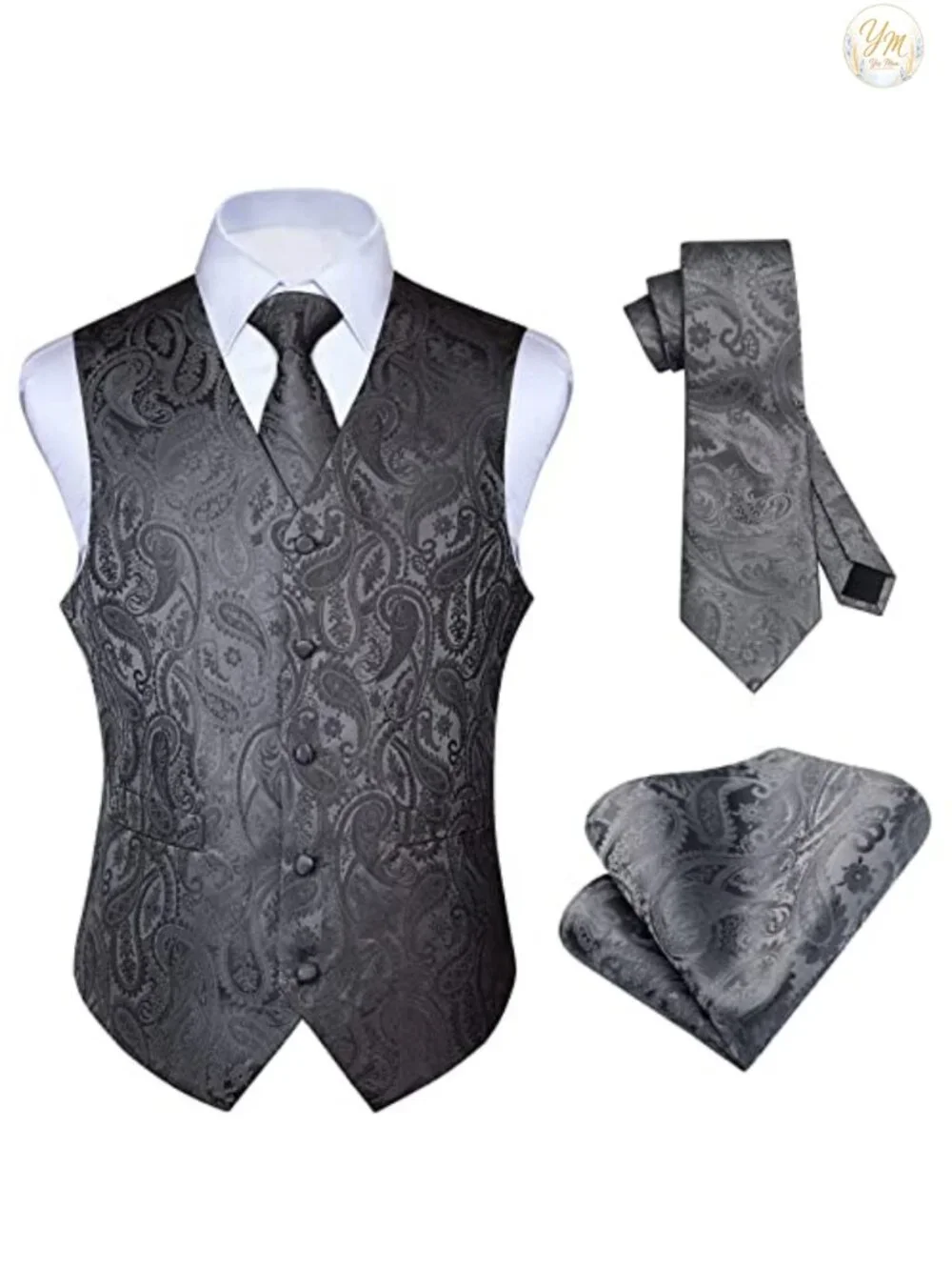 Men's Paisley Floral Jacquard Suit Vest with Tie & Pocket Square 3PC Set